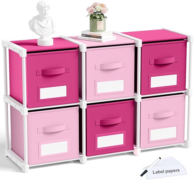 Geelin 6 Pink Cube Storage Organizer with Fabric Bins and Labels, 11 Inch Collapsible Toy Organizer Shelf Storage Bins Dresse
