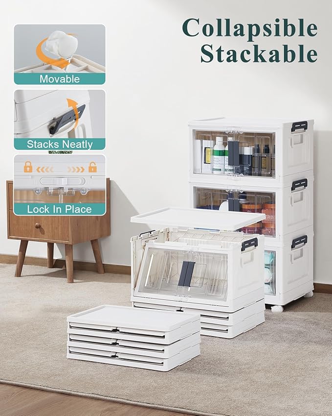 OlarHike 23QT Stackable Storage Bins with Lids - Folding Storage Box with Doors and Wheels, Collapsible Plastic Storage Bins 