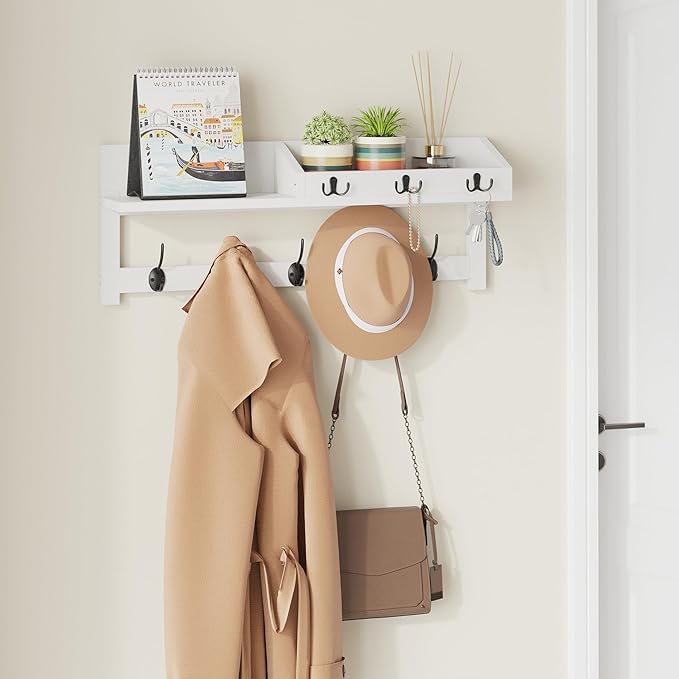 AMBIRD Wall Hooks with Shelf, 26.57 Inch Entryway Wood Coat Hooks for Wall, Coat Rack Wall Mount with 5 Dual Hooks 3 Key Hook