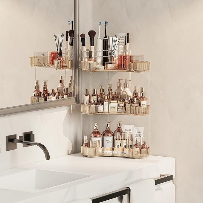 Asayuee 3-Tier Corner Bathroom Counter Organizer with Top Toothbrush Holders,Large Makeup Organizer Countertop with Brush Hol