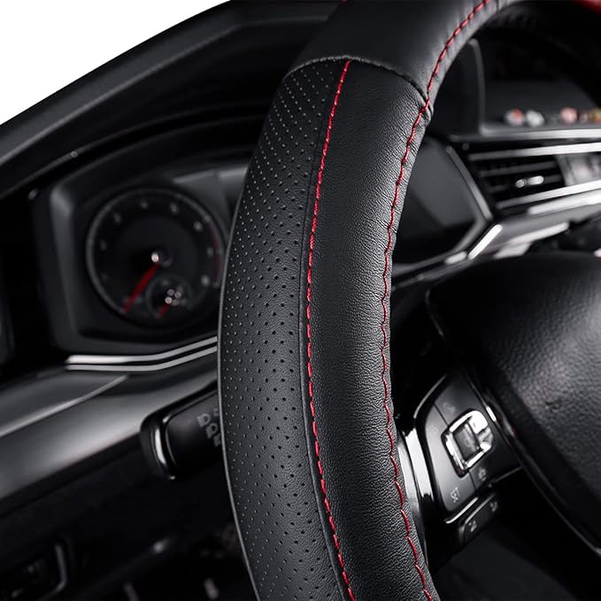 EKR Universal 15 inch Leather Steering Wheel Cover - Genuine Leather, Breathable, Anti Slip & Odor Free (Black/Red, M(14" 1/2-15" 1/4))