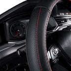 EKR Universal 15 inch Leather Steering Wheel Cover - Genuine Leather, Breathable, Anti Slip & Odor Free (Black/Red, M(14" 1/2-15" 1/4))