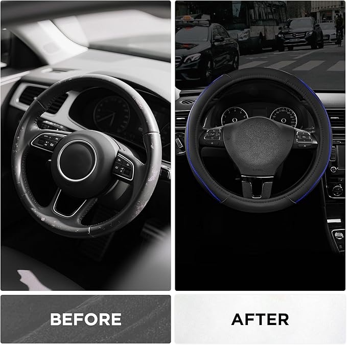 Road Comforts Leather Steering Wheel Cover with Decorative Trim and Piping, Anti-Slip Breathable Design, Fits 14.5–15 Inch Ro