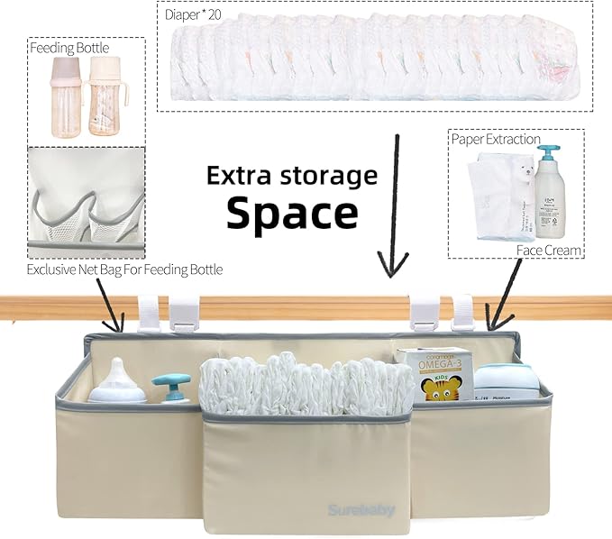 Hanging Baby Diaper Caddy, 3-in-1 Diaper Caddy Organizer Holder For Baby Crib, Nursery Organization Diaper Stacker Storage Fo