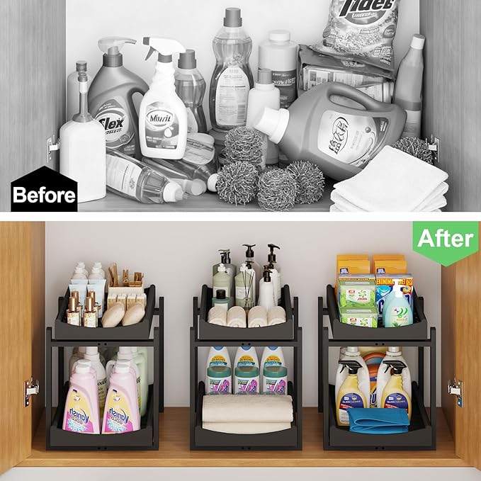 Bamboo Under Sink Organizer and Storage, 2 Pack Pull Out Cabinet Organization, 2 Tier Vertical Slide Out Undersink Storage Sh