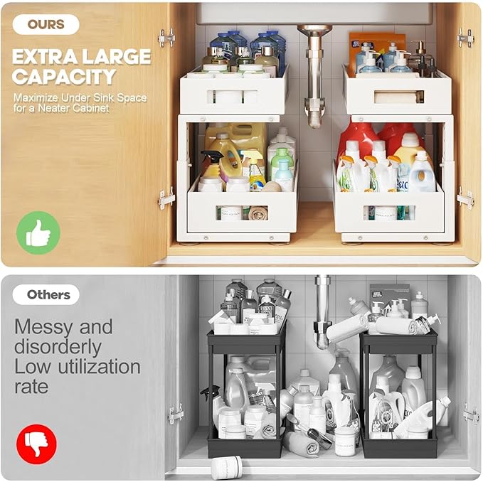 2 Packs 17IN Depth Under Sink Organizer, 2-Tier Pull Out Cabinet Organizer With Smooth Circular Rail, Large Capacity Metal Me