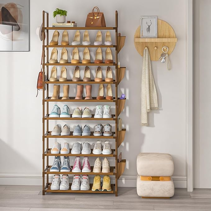 LUKYTOWER Tall Shoe Rack - 10 Tier Organizer for Closet, 30-35 Pairs, Large Capacity with 5 Hooks and Side Pocket, Sturdy Met