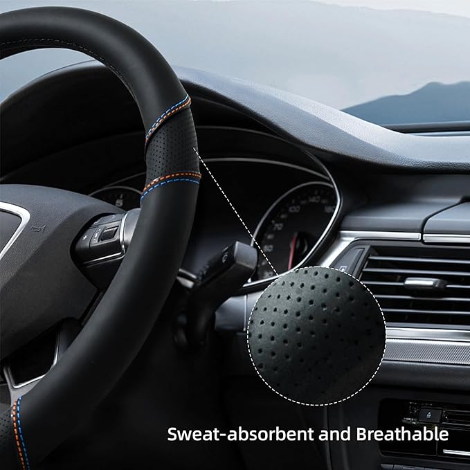 Microfiber Leather Steering Wheel Cover with Anti-Slip Lining Breathable and Soft Universal 14.5-15 inch, Easy to Install Ste