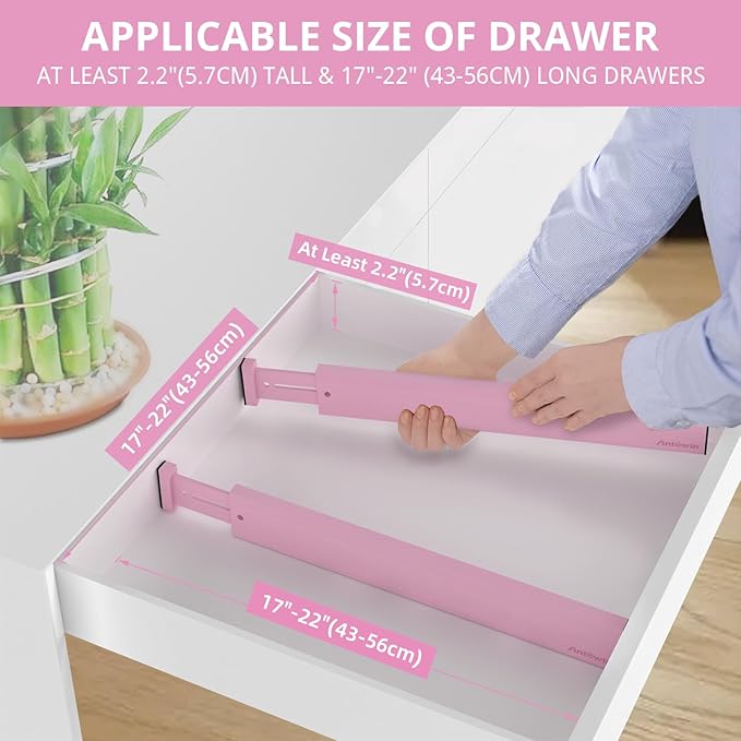 ANTOWIN Expandable Bamboo Drawer Dividers Organizers, Drawer Separators Splitter, 17-22 inches Long Adjustable Spring-loaded 