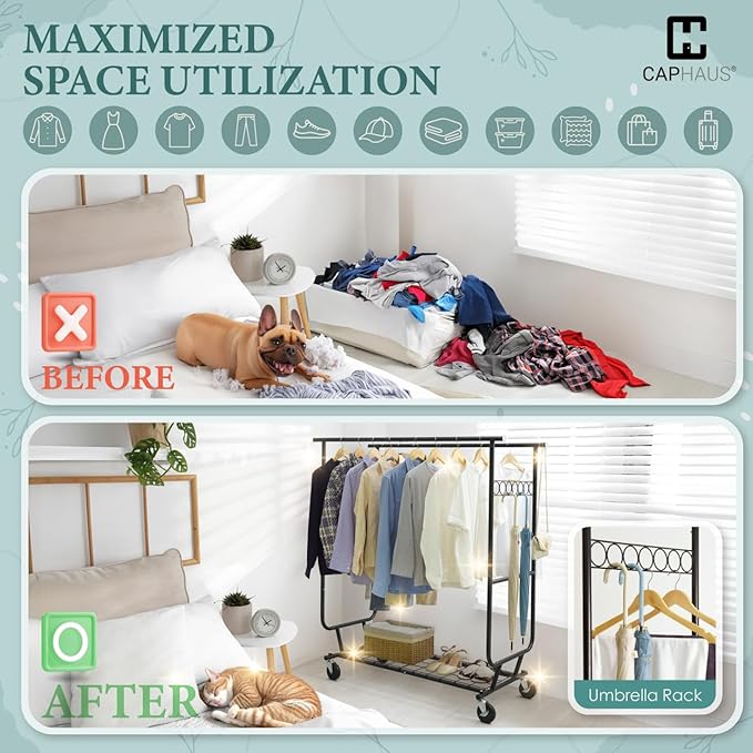 CAPHAUS Heavy Duty Clothes Rack with Double Rods, 660LBS Capacity Rolling Clothing Rack for Hanging Clothes, Adjustable Metal