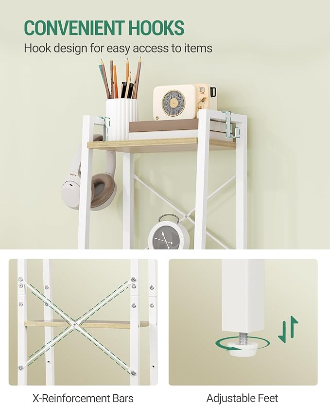Hzuaneri Ladder Shelf, Bookshelf Bookcase, Freestanding Corner Storage Shelve with 2 Hooks for Home Office, Living Room, Kitc