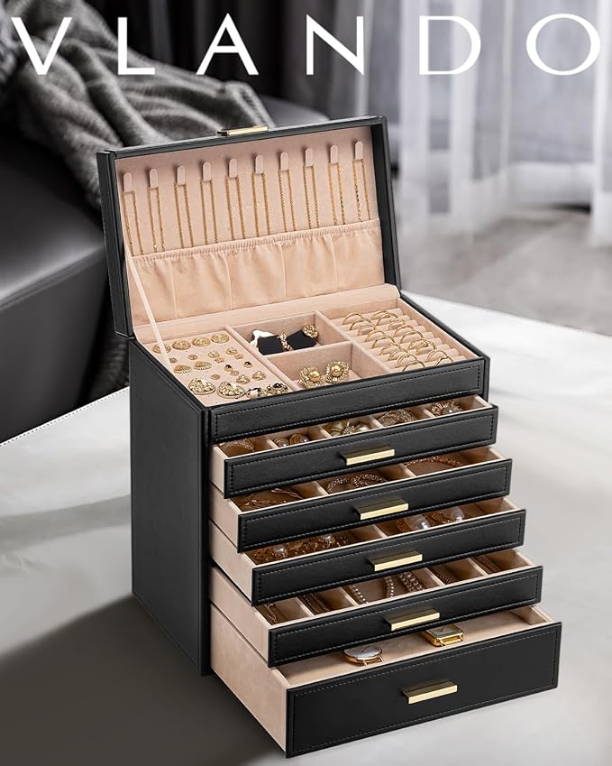 Vlando 6 Layer Large Jewelry Box - Jewelry Holder Organizer, Jewelry Box Organizer for Drawer Necklace Ring Bracelet and Watc