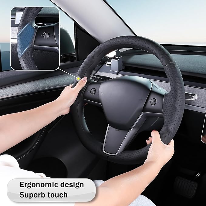 Steering Wheel Cover for 2017-2023 Tesla Model 3 2020-2024 Tesla Model Y, Leather Steering Wheel Cover for Tesla Model 3/Y Accessories, Black
