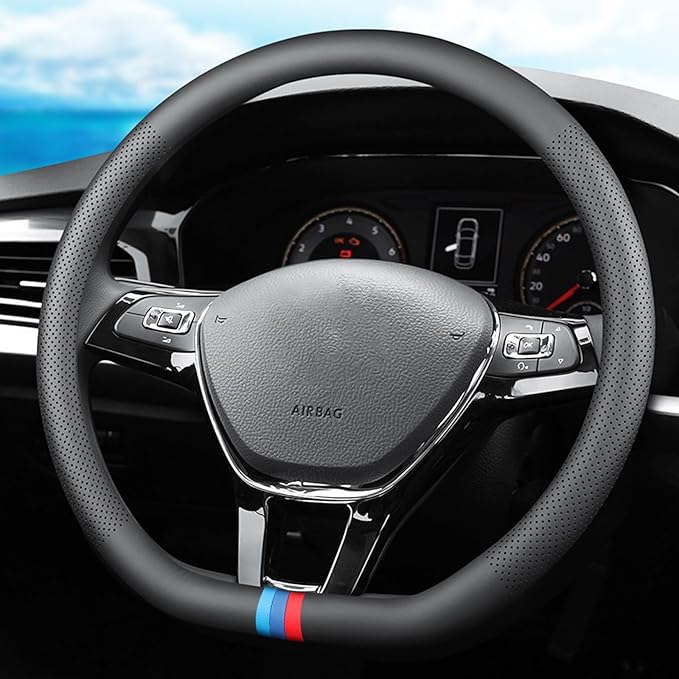 Tricolor Stripes D-Type Steering Wheel Cover, Cute Steering Wheel Cover for Women, 14.5-15 Inch Non-Slip Breathable Microfibe