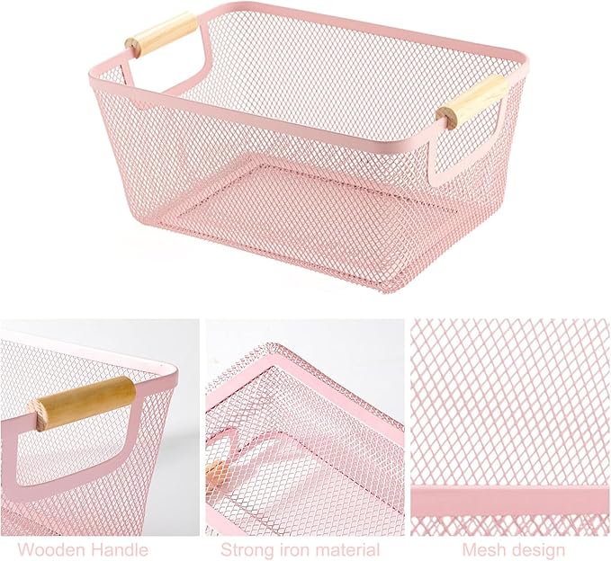 AJIODA Metal Mesh Steel Basket, Medium Wire Storage Organizer Basket Multi-function Hanging Kitchen Basket with Wood Handle f