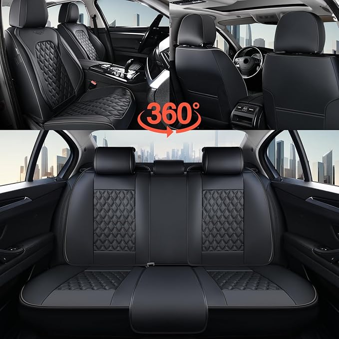 Coverado Full Set Car Seat Covers, Black Leather Seat Protectors, Luxury Front & Back Car Seat Covers,Waterproof Universal Fi