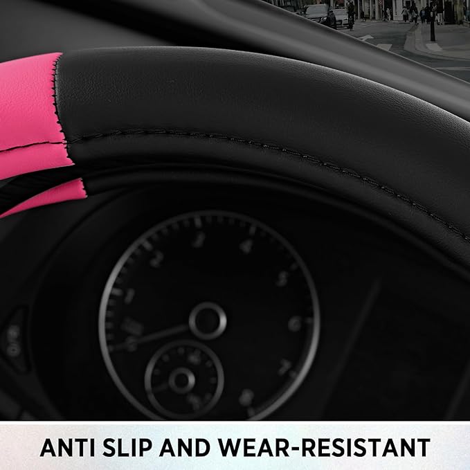 Road Comfort Leather Steering Wheel Cover – Premium Anti-Slip Car Steering Wheel Grip Cover – Universal Fit for 14.5”–15.5” C