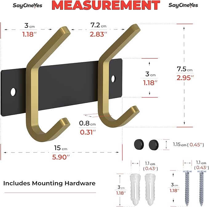 Small Coat Rack Wall Mount – Black and Gold Hook Rail with 2 Double Coat Hooks, 6 Inch Stainless Steel Wall Hooks for Entrywa