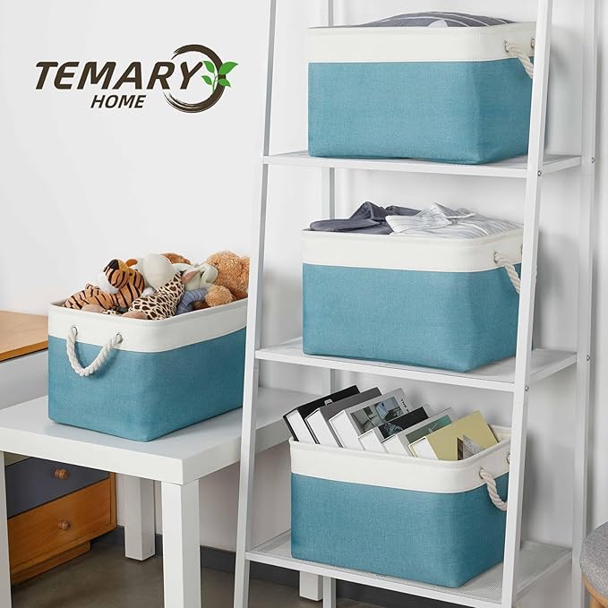 Temary Fabric Storage Baskets 4Pack Storage Bins Decorative Basket for Gift, Clothes Bin with Rope Handle, Rectangle Baskets 