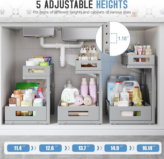 1 Pack-11.4"-16.14" H Under Sink Storage Organizer, Large 2-Tier Elegant Mesh Pull Out Shelf for Kitchen & Bathroom Cabinet O