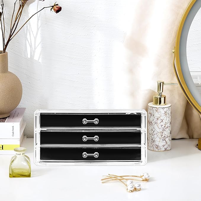 ProCase Earring Holder Organizer Jewelry Box with 3 Drawers, Acrylic Clear Earring Case with Adjustable Velvet Trays for Wome