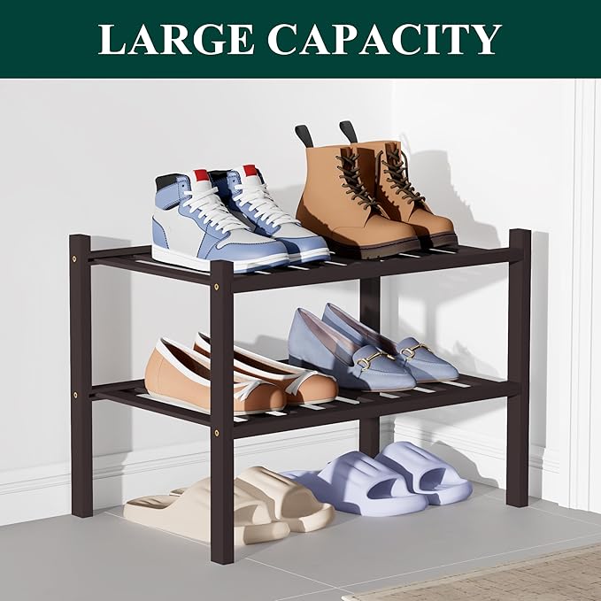 Smiry Bamboo Shoe Rack for Closet, 2 Tier Small Wooden Stackable Shoe Organizer, Free Standing Shoes Storage Shelf for Entryw