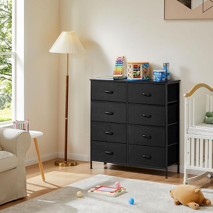 DUMOS 8 Drawer Dresser for Bedroom, Fabric Storage Organizer with Sturdy Metal Frame, Wooden Top Chest of Drawers for Closet 