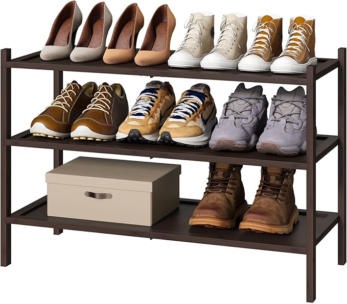 kiplant Bamboo Shoe Rack for Entryway, 3-Tier Stackable | Foldable | Natural, Shoe Organizer for Hallway Closet, Free Standin
