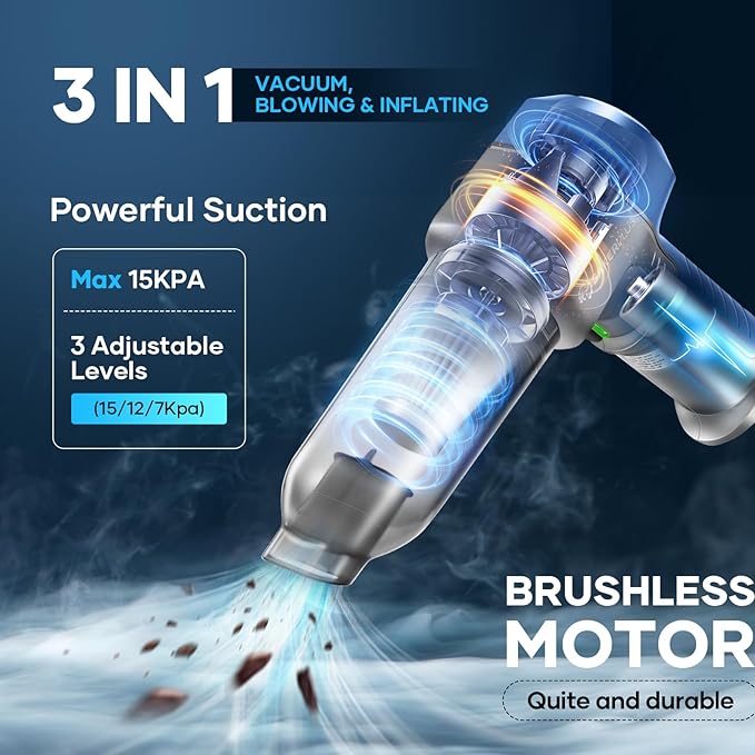 Mini Vacuum Cleaner, 3 in 1 Car Vacuum Cleaner High Power, 15000PA Powerful Suction, Air Duster, 7500mAh, Adjustable Small Va