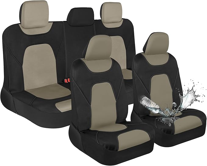 Motor Trend Waterproof Car Seat Covers Full Set – Black & Beige Seat Covers for Car Front & 60/40 Split Back Bench - Carseat 