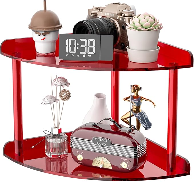 Sezanrpt 2 Tier Acrylic Corner Shelf Organizer Storage 9.5x9.5x8 Inch, Red Countertop Corner Shelf for Bathroom, Kitchen, Bed
