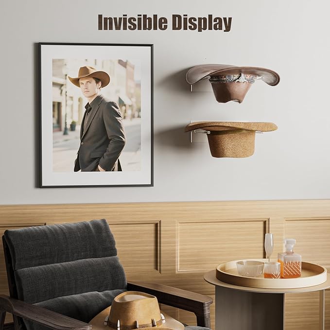 YUNEASELF Cowboy Hat Rack for Wall: 2 Pack Acrylic Hat Holder Organizer - Western Rustic Wall Mounted Hat Hanger Stand for Co
