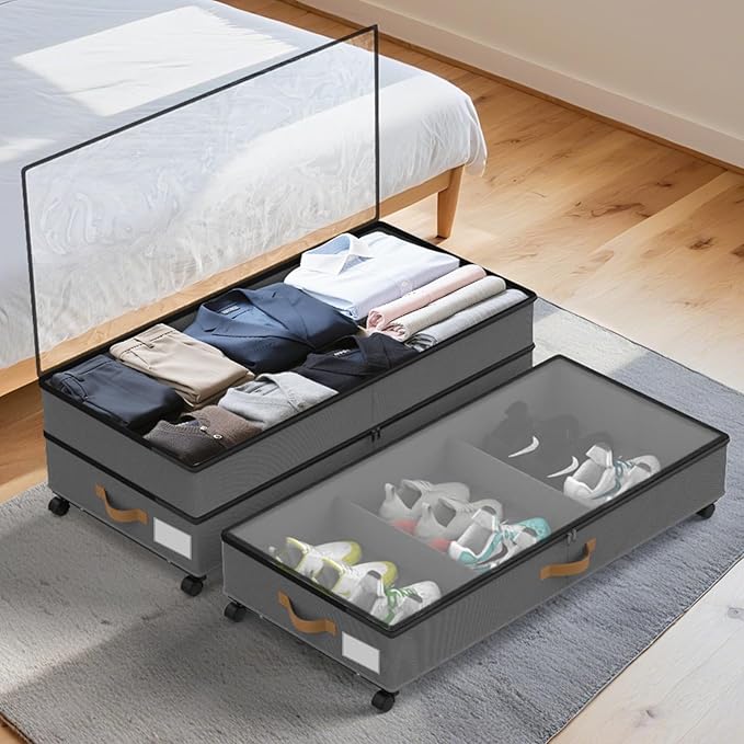 Under Bed Storage with Wheels 4-Pack, 75L XXL Under the Bed Storage Containers Large, 12" Tall Adjustable Storage for Underbe
