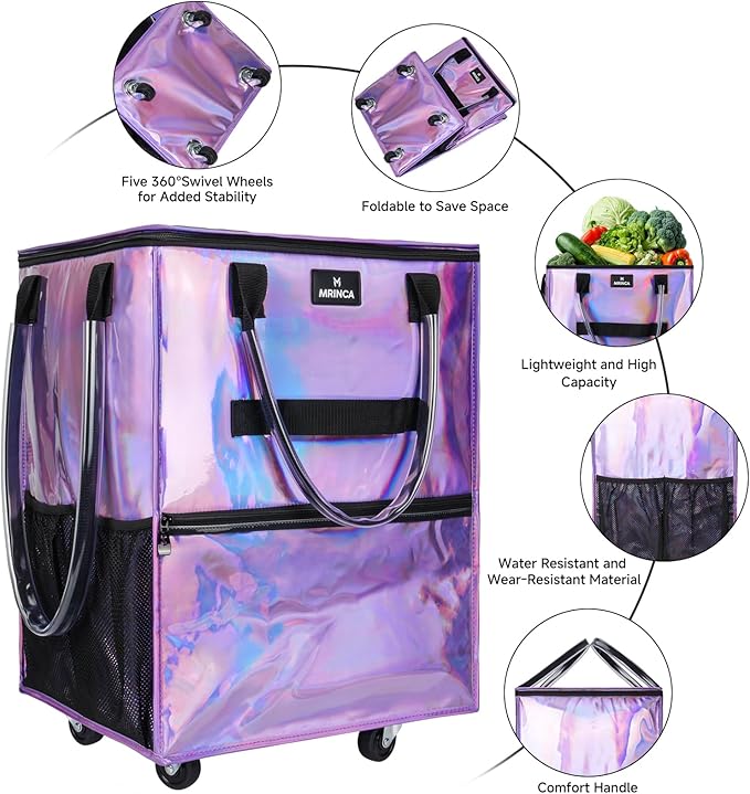 Reusable Grocery Bag on Wheels, Foldable Rolling Shopping Tote Bag, Water-Resistant Material, Zipper Top, Heavy Duty Handle, Lightweight, Strong Carrying Capacity, Medium, Gradient Purple