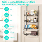 HapiRm Over the Door Hat Organizer - 4 Tier Wall Mounted Hat Rack with 4 Adjustable Metal Basket, Baseball Caps Organizer Sto