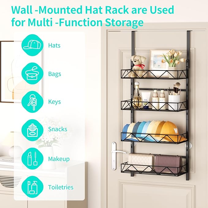 HapiRm Over the Door Hat Organizer - 4 Tier Wall Mounted Hat Rack with 4 Adjustable Metal Basket, Baseball Caps Organizer Sto