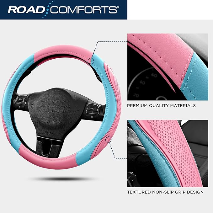 Road Comforts Car Steering Wheel Cover - Microfiber Leather Steering Wheel Wrap Sports 14.5-15 Inch Steering Wheel Cover Non-