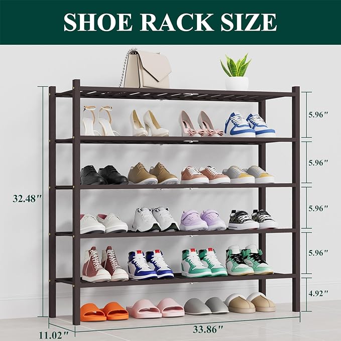 Smiry Shoe Rack, 5 Tier Thick Long Bamboo Shoe Organizer, Stackable Free Standing Wooden Shoe Storage Shelf for Closet, Entry