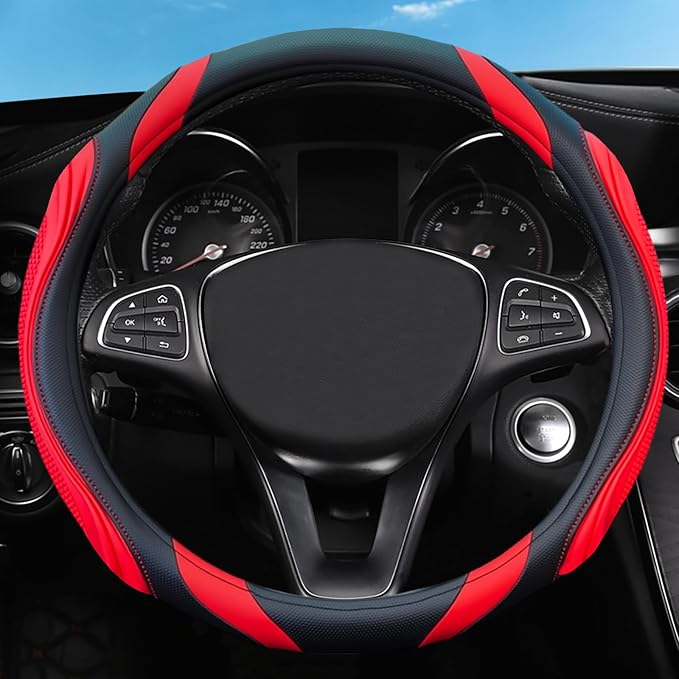 Concave Convex Massage Black Red Microfiber Leather Steering Wheel Cover, 14.5-15 Inch Non-Slip Breathable Microfiber Car Ste
