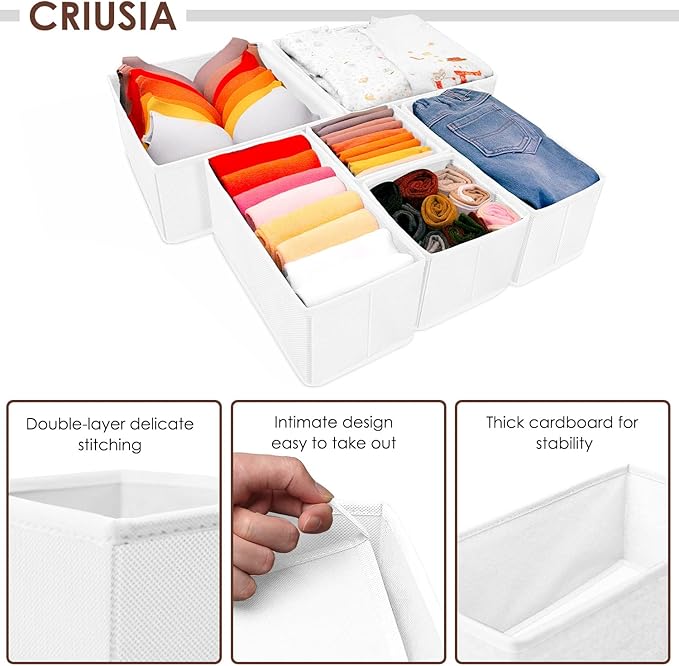 Criusia 6 Pack Clothes Drawer Organizer, Fabric Foldable Closet Dresser Drawer Organizer for Clothing, Bra Sock Underwear Dra