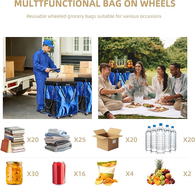 (Medium, Blue) Reusable Grocery Bag on 4 Wheels, Foldable Rolling Tote Carries Up to 66lb Shopping Trolley, Rolling Bag with 3 Handles, Zipper Clouser Rolling Tote Bag with Wheels for Laundry