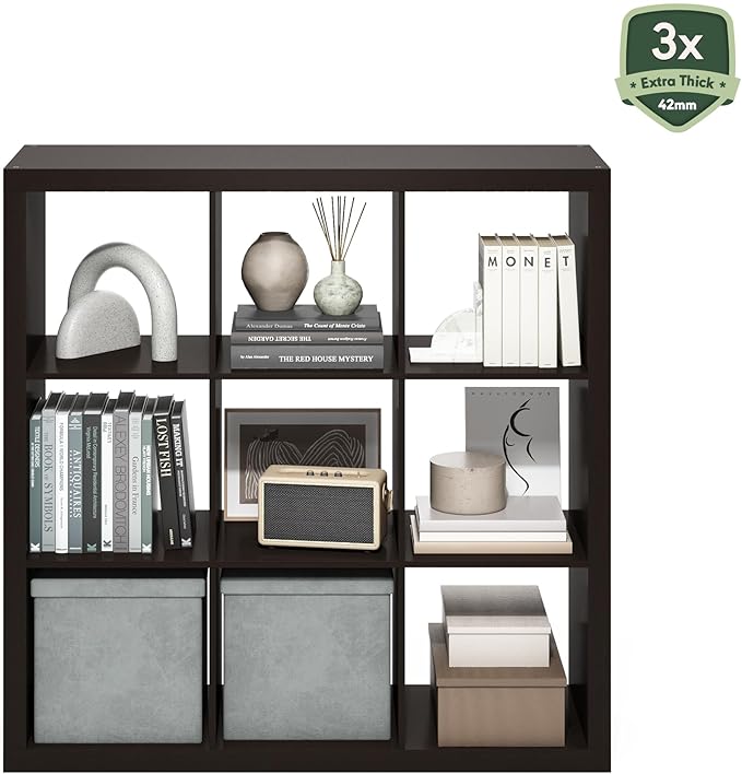 Furinno Cubicle Book Shelf, 9-Cube Bookshelf, Triple Thick Frame Cube Storage Organizer, 1.65" Thick Bookcase, 15.4" x 43.8" 