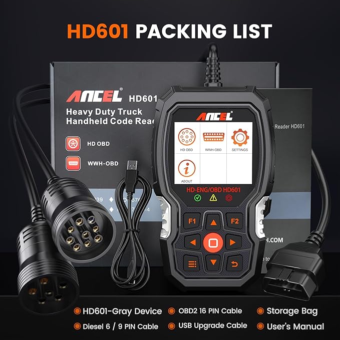 ANCEL Heavy Duty Truck Scanner HD601 All System Diesel Diagnostic Scan Tool fits for Cummins, Detroit, Freightliner,