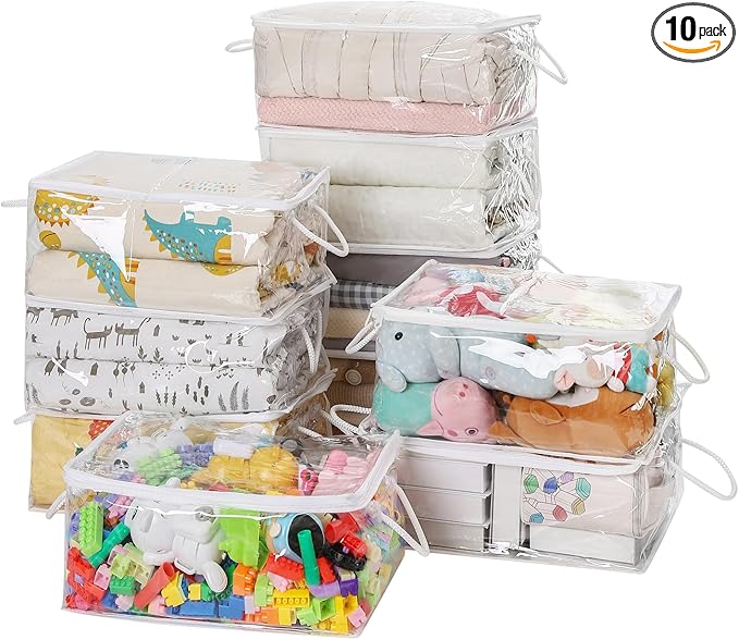 10 PCS Clear Zippered Storage Bags with Handle,Sweater Storage with Zipper,Foldable Closet Organizer Bed Sheet Organizer,Cube