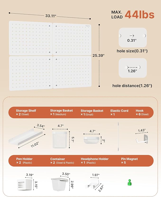 PEGZONE Pegboard Wall Organizer Combination Kit,Overall 33.1"x25.4" Metal Office Pegboard with 21 Accessories, Wall Mounted P