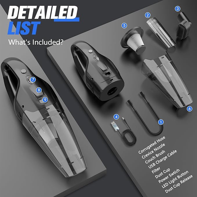 Handheld Vacuum Cordless Rechargeable with LED Light, Car Vacuum Portable Cordless, Hand Vacuum Cleaner Car Seats, Home, Quic