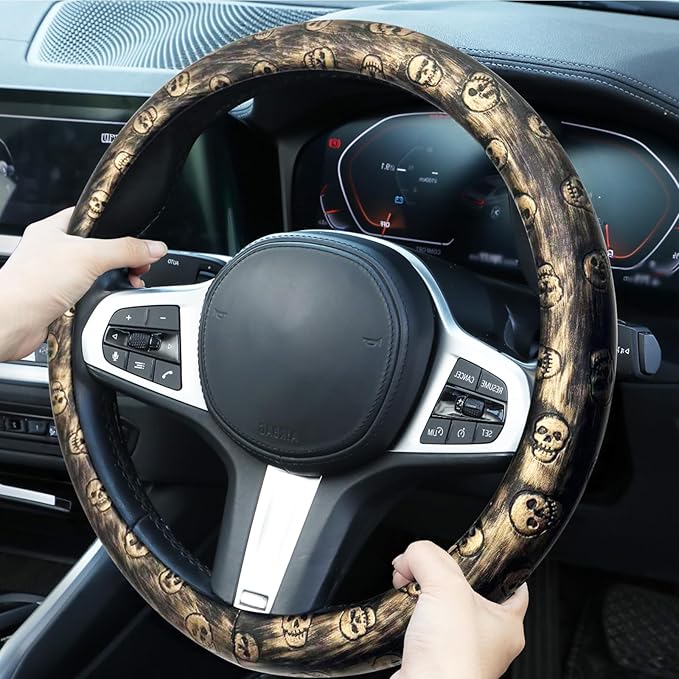 Embossed Skull Steering Wheel Cover, Skull Car Accessory, Microfiber Leather with Anti-Slip Lining, Fits 14.5"-15" Steering Wheels (Black Gold)