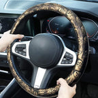 Embossed Skull Steering Wheel Cover, Skull Car Accessory, Microfiber Leather with Anti-Slip Lining, Fits 14.5"-15" Steering Wheels (Black Gold)