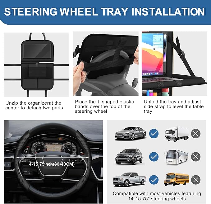 2 Pack Backseat Car Organizer with Tray, 11 Pocket Car Storage with Tablet Holder & Detachable Top for Steering Wheel, Road Trip Essentials Travel, Protector Kick Mats for Kids