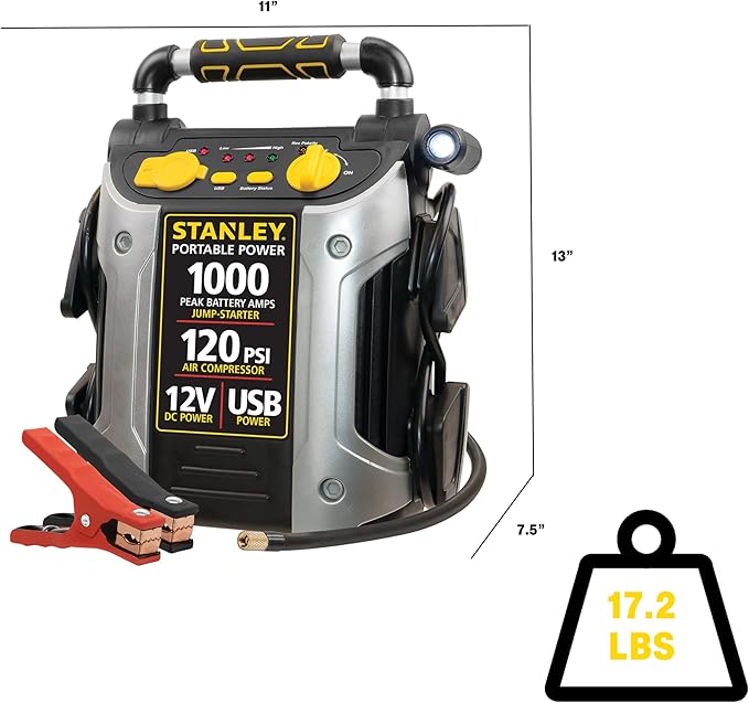 STANLEY J5C09 1000 Peak Amp Automotive Jump Starter, Portable Power - 2.1A/10W USB Port, 12V Outlet, 120 PSI Air Compressor